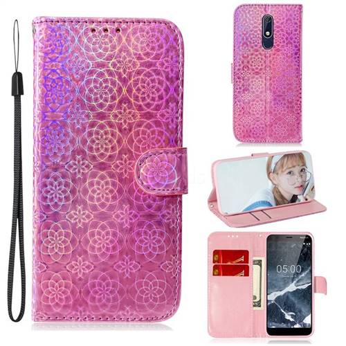 Laser Circle Shining Leather Wallet Phone Case for Nokia 5.1 - Pink