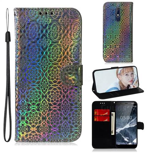 Laser Circle Shining Leather Wallet Phone Case for Nokia 5.1 - Silver