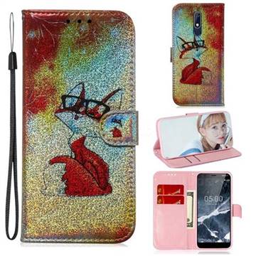Glasses Fox Laser Shining Leather Wallet Phone Case for Nokia 5.1