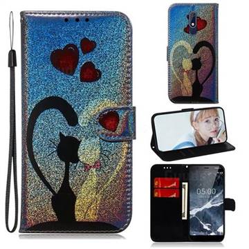 Love Cat Laser Shining Leather Wallet Phone Case for Nokia 5.1