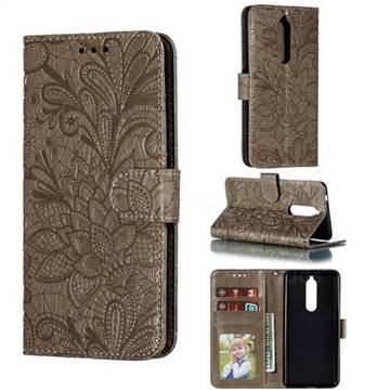 Intricate Embossing Lace Jasmine Flower Leather Wallet Case for Nokia 5.1 - Gray
