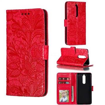Intricate Embossing Lace Jasmine Flower Leather Wallet Case for Nokia 5.1 - Red