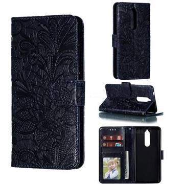 Intricate Embossing Lace Jasmine Flower Leather Wallet Case for Nokia 5.1 - Dark Blue
