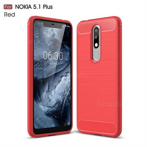 Luxury Carbon Fiber Brushed Wire Drawing Silicone TPU Back Cover for Nokia 5.1 Plus (Nokia X5) - Red