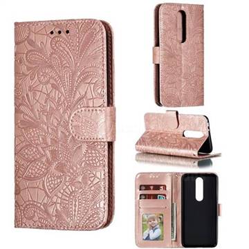 Intricate Embossing Lace Jasmine Flower Leather Wallet Case for Nokia 5.1 Plus (Nokia X5) - Rose Gold