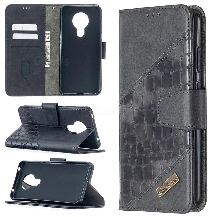 BinfenColor BF04 Color Block Stitching Crocodile Leather Case Cover for Nokia 5.3 - Black