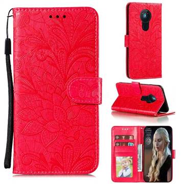 Intricate Embossing Lace Jasmine Flower Leather Wallet Case for Nokia 5.3 - Red