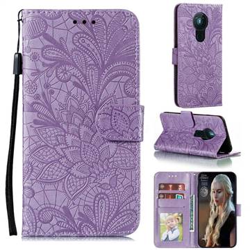 Intricate Embossing Lace Jasmine Flower Leather Wallet Case for Nokia 5.3 - Purple
