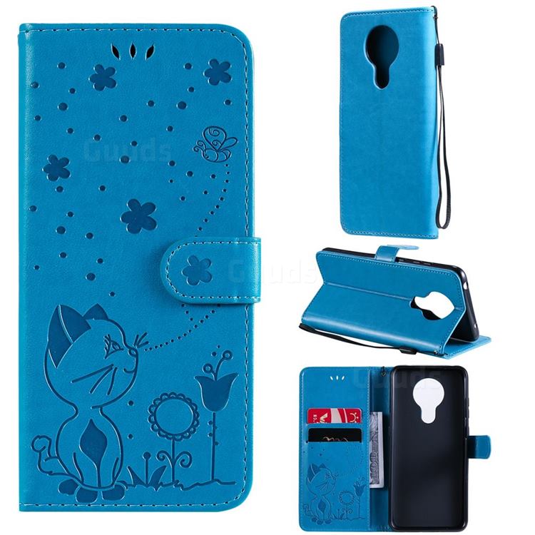 Embossing Bee and Cat Leather Wallet Case for Nokia 5.3 - Blue