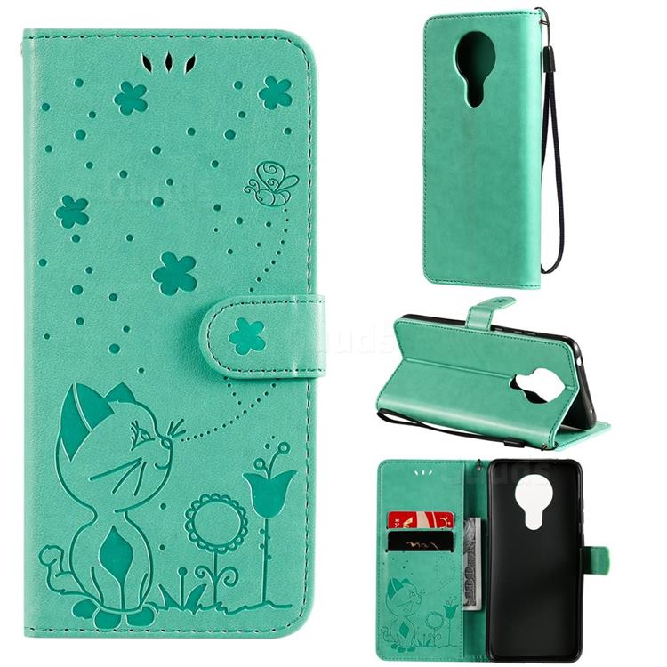 Embossing Bee and Cat Leather Wallet Case for Nokia 5.3 - Green