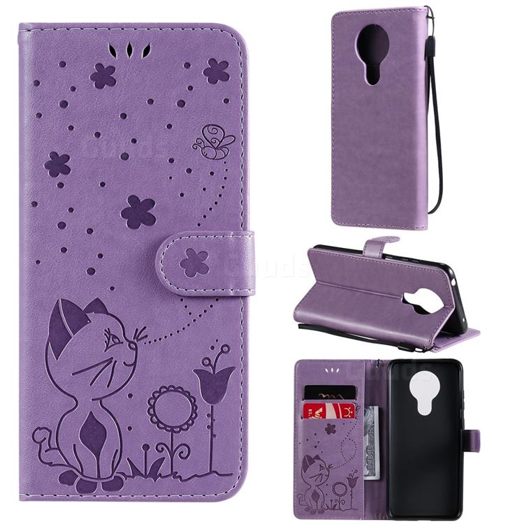 Embossing Bee and Cat Leather Wallet Case for Nokia 5.3 - Purple