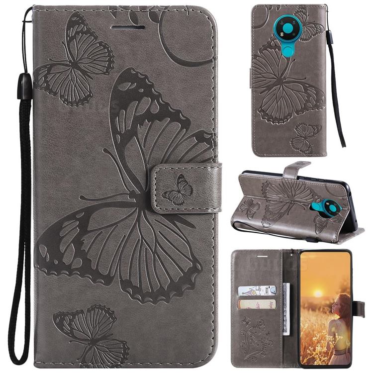 Embossing 3D Butterfly Leather Wallet Case for Nokia 5.3 - Gray