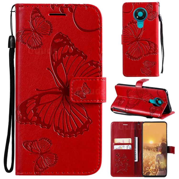 Embossing 3D Butterfly Leather Wallet Case for Nokia 5.3 - Red