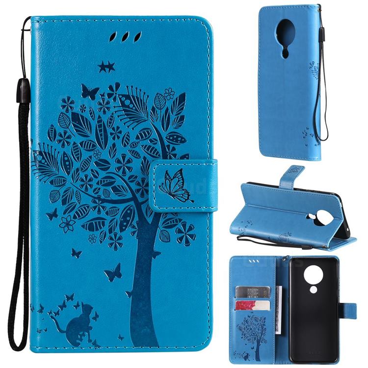 Embossing Butterfly Tree Leather Wallet Case for Nokia 5.3 - Blue
