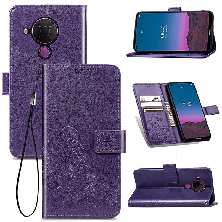 Embossing Imprint Four-Leaf Clover Leather Wallet Case for Nokia 5.4 - Purple