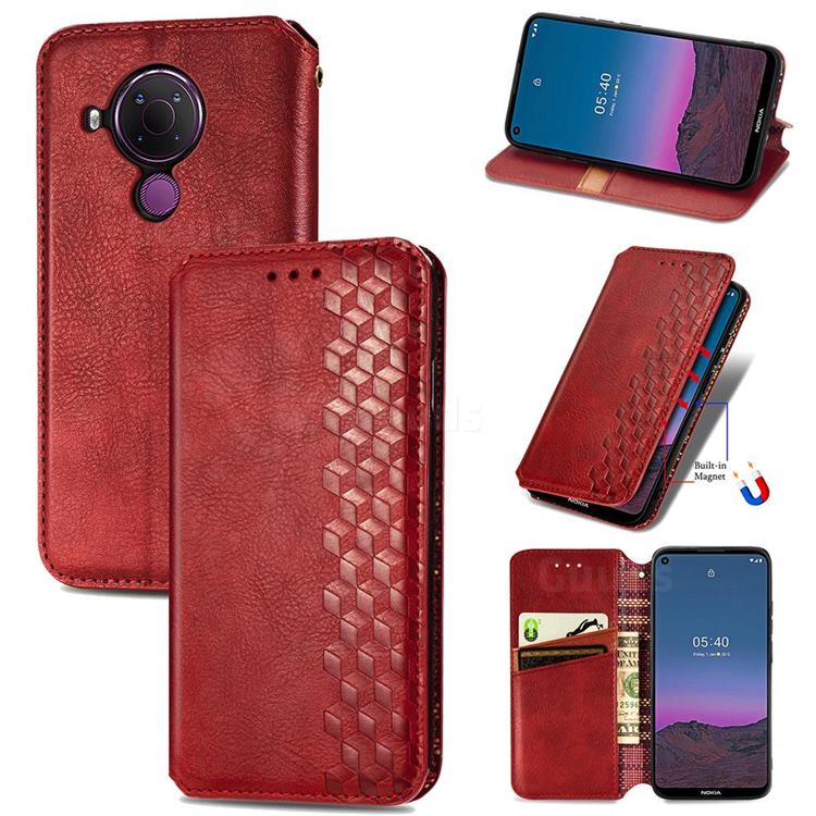 Ultra Slim Fashion Business Card Magnetic Automatic Suction Leather Flip Cover for Nokia 5.4 - Red