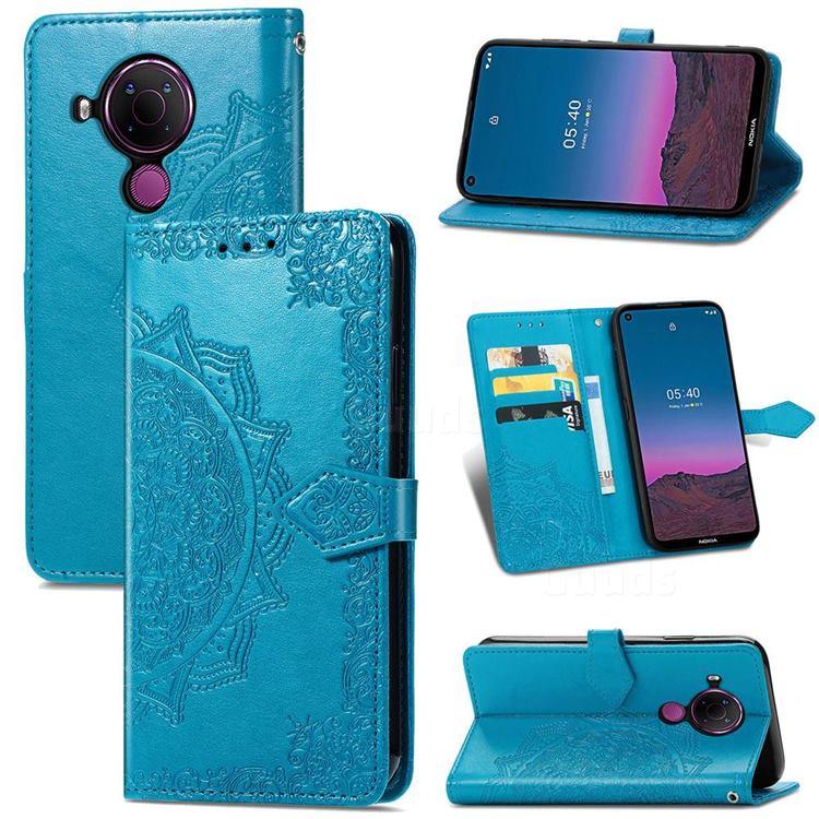 Embossing Imprint Mandala Flower Leather Wallet Case for Nokia 5.4 - Blue