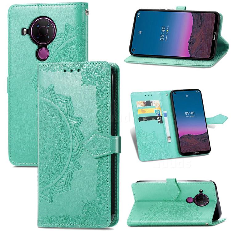 Embossing Imprint Mandala Flower Leather Wallet Case for Nokia 5.4 - Green