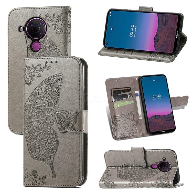 Embossing Mandala Flower Butterfly Leather Wallet Case for Nokia 5.4 - Gray