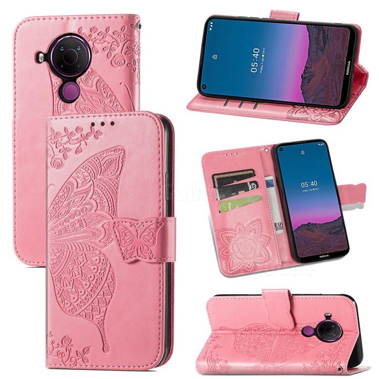 Embossing Mandala Flower Butterfly Leather Wallet Case for Nokia 5.4 - Pink