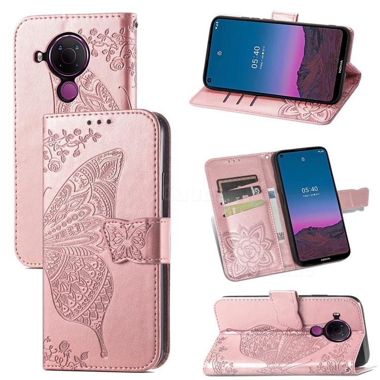 Embossing Mandala Flower Butterfly Leather Wallet Case for Nokia 5.4 - Rose Gold