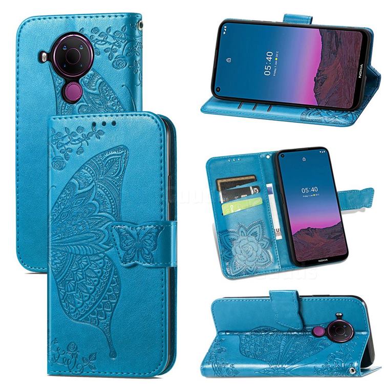 Embossing Mandala Flower Butterfly Leather Wallet Case for Nokia 5.4 - Blue