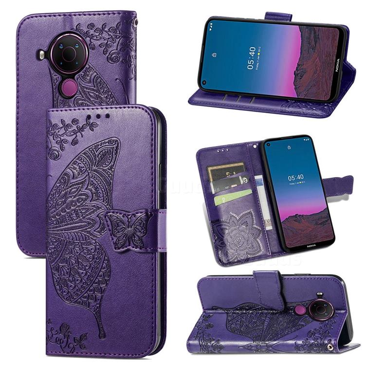 Embossing Mandala Flower Butterfly Leather Wallet Case for Nokia 5.4 - Dark Purple