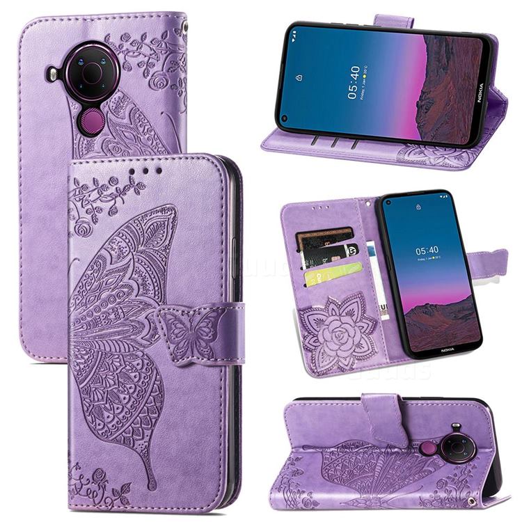 Embossing Mandala Flower Butterfly Leather Wallet Case for Nokia 5.4 - Light Purple