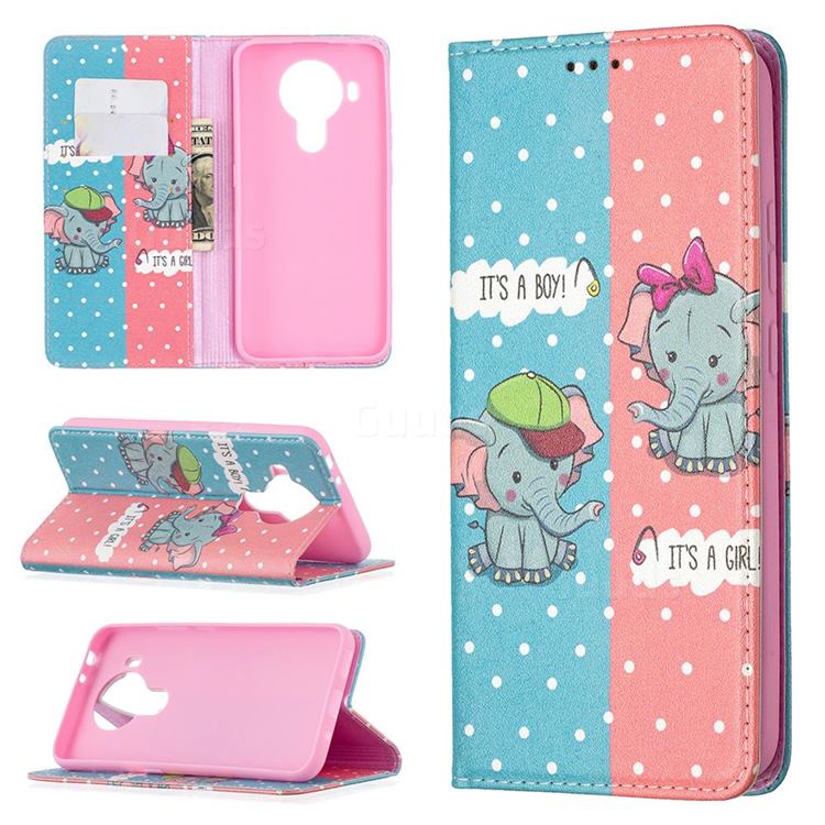 Elephant Boy and Girl Slim Magnetic Attraction Wallet Flip Cover for Nokia 5.4