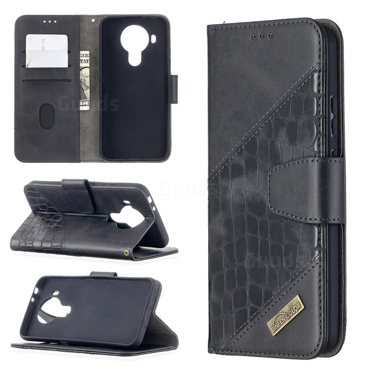 BinfenColor BF04 Color Block Stitching Crocodile Leather Case Cover for Nokia 5.4 - Black