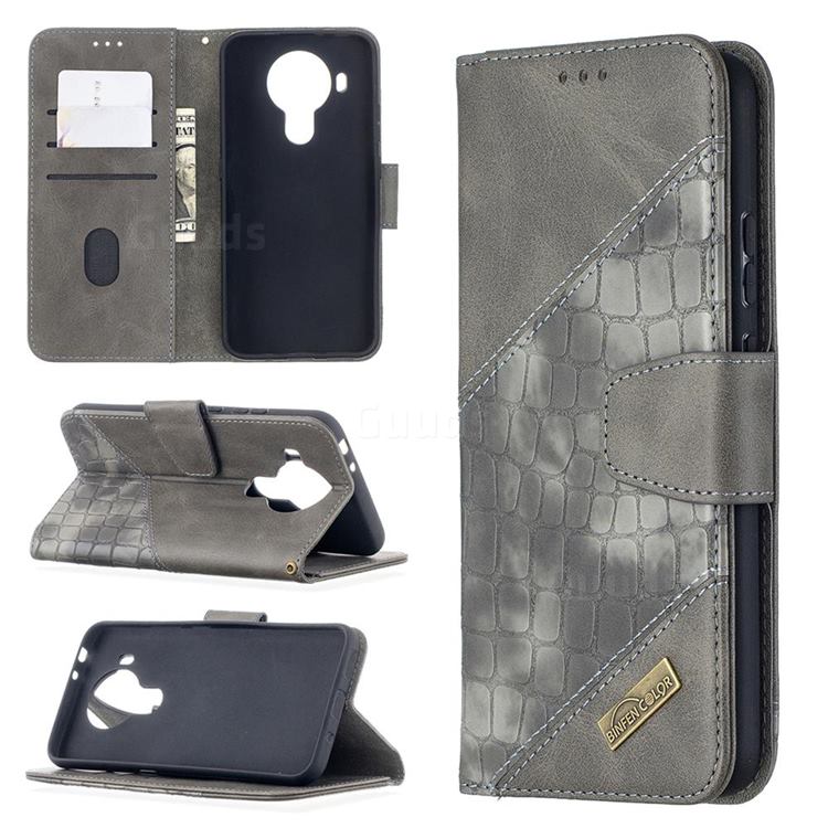 BinfenColor BF04 Color Block Stitching Crocodile Leather Case Cover for Nokia 5.4 - Gray