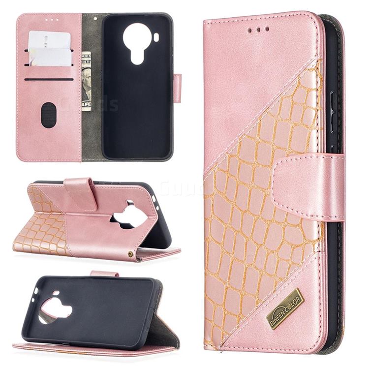 BinfenColor BF04 Color Block Stitching Crocodile Leather Case Cover for Nokia 5.4 - Rose Gold