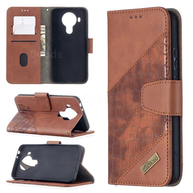 BinfenColor BF04 Color Block Stitching Crocodile Leather Case Cover for Nokia 5.4 - Brown