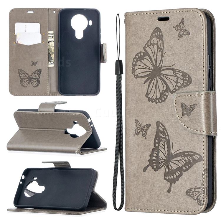 Embossing Double Butterfly Leather Wallet Case for Nokia 5.4 - Gray