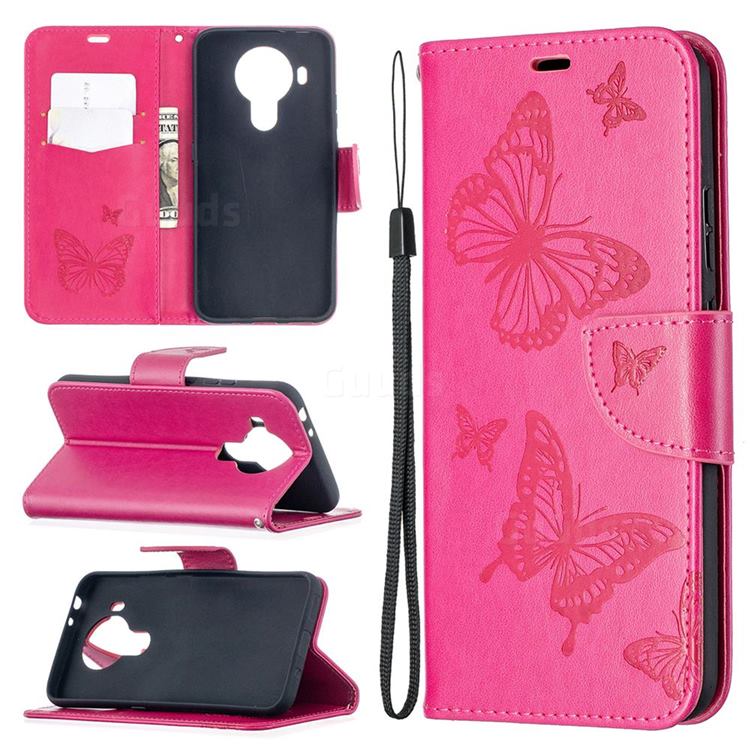 Embossing Double Butterfly Leather Wallet Case for Nokia 5.4 - Red