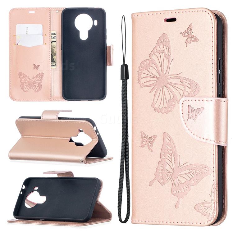 Embossing Double Butterfly Leather Wallet Case for Nokia 5.4 - Rose Gold