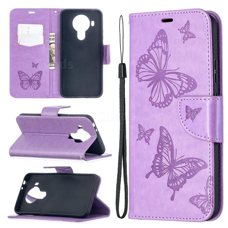 Embossing Double Butterfly Leather Wallet Case for Nokia 5.4 - Purple