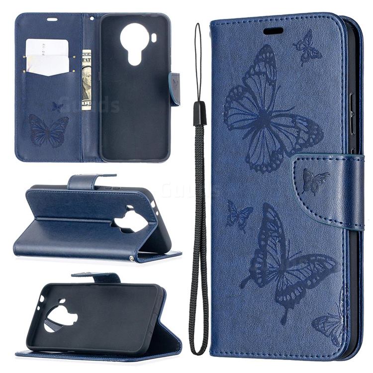 Embossing Double Butterfly Leather Wallet Case for Nokia 5.4 - Dark Blue