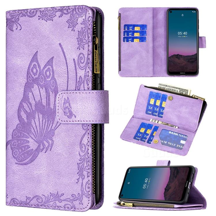 Binfen Color Imprint Vivid Butterfly Buckle Zipper Multi-function Leather Phone Wallet for Nokia 5.4 - Purple