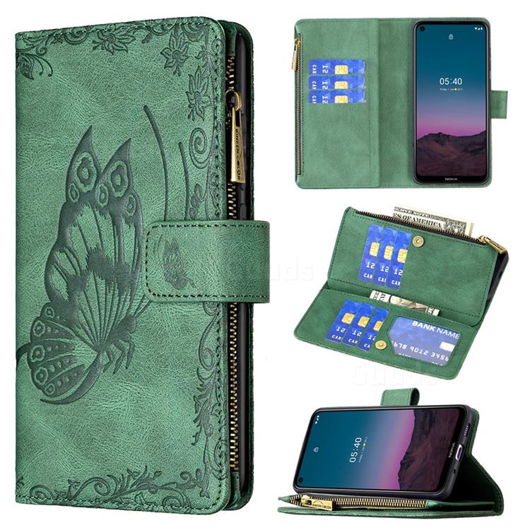 Binfen Color Imprint Vivid Butterfly Buckle Zipper Multi-function Leather Phone Wallet for Nokia 5.4 - Green