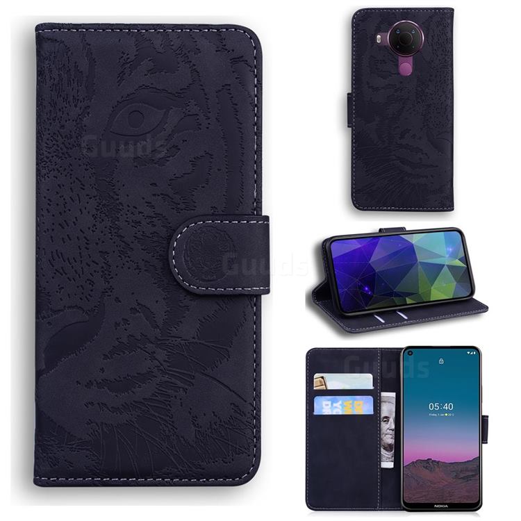 Intricate Embossing Tiger Face Leather Wallet Case for Nokia 5.4 - Black