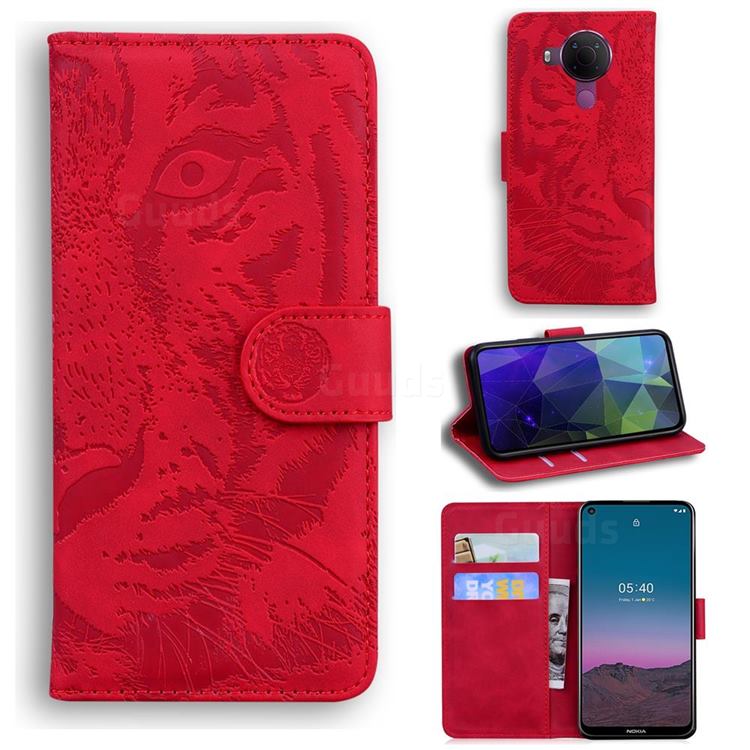 Intricate Embossing Tiger Face Leather Wallet Case for Nokia 5.4 - Red