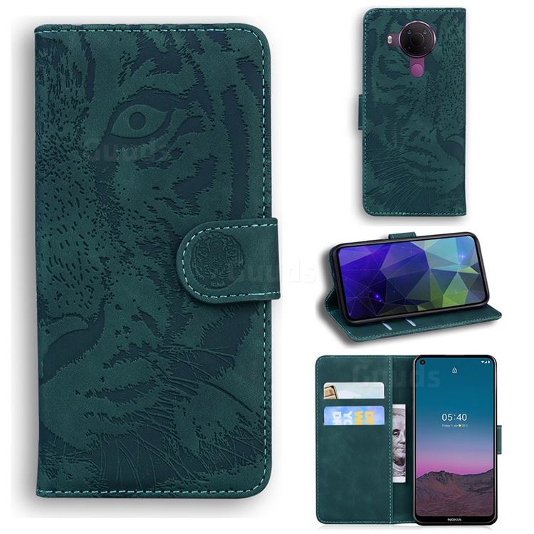 Intricate Embossing Tiger Face Leather Wallet Case for Nokia 5.4 - Green