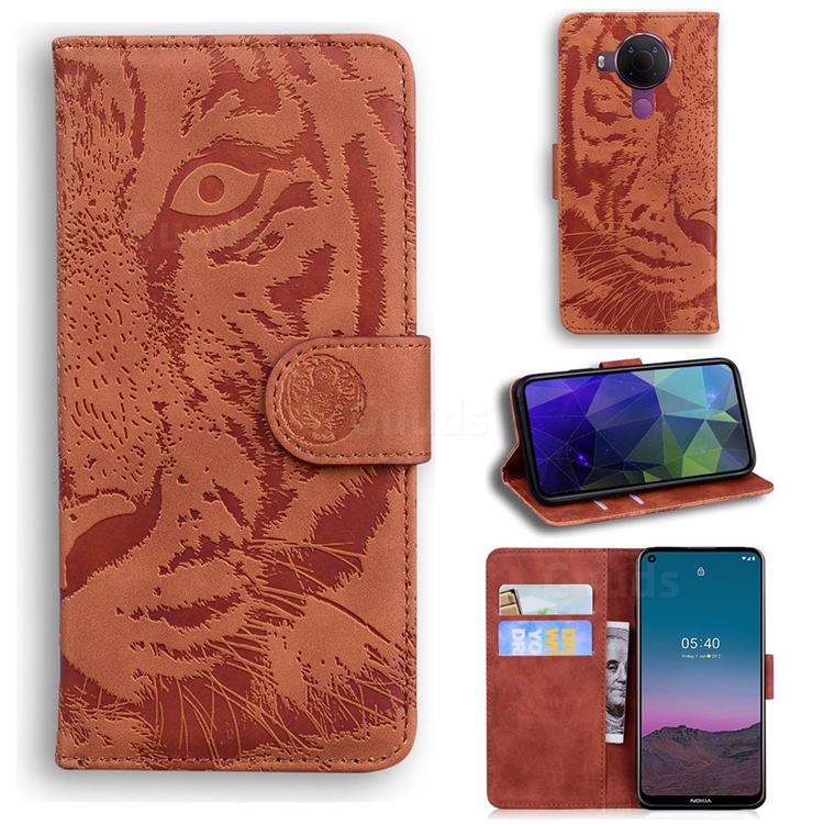 Intricate Embossing Tiger Face Leather Wallet Case for Nokia 5.4 - Brown