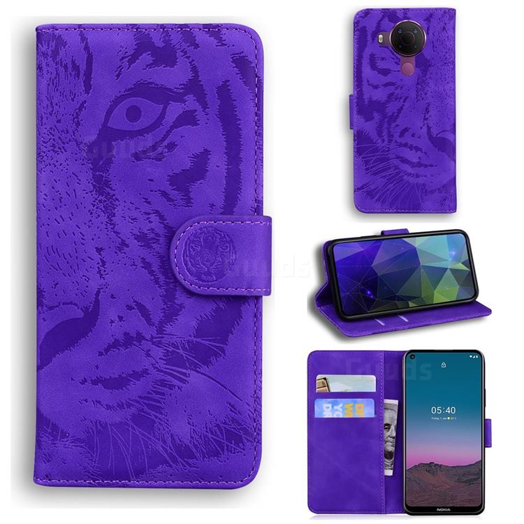 Intricate Embossing Tiger Face Leather Wallet Case for Nokia 5.4 - Purple