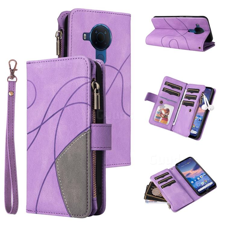 Luxury Two-color Stitching Multi-function Zipper Leather Wallet Case Cover for Nokia 5.4 - Purple