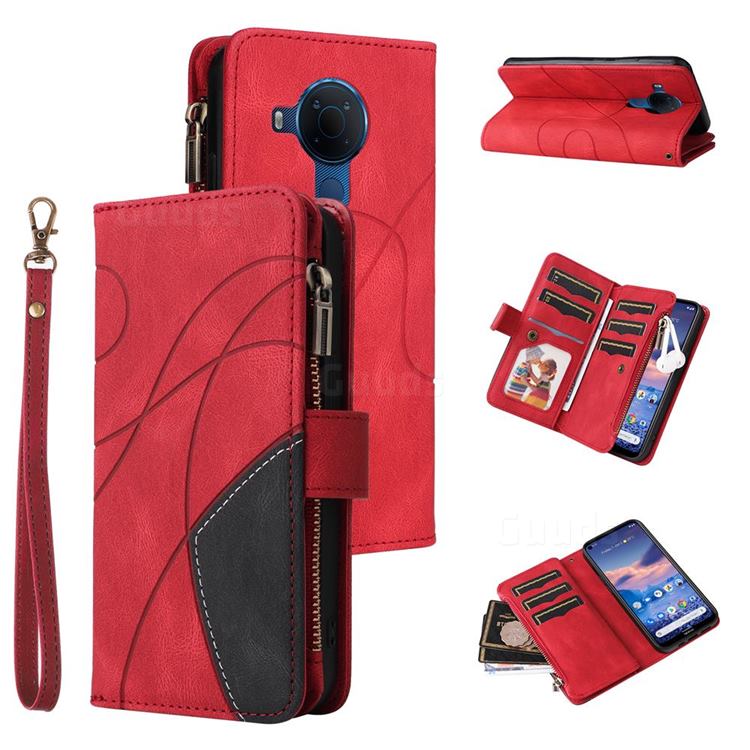 Luxury Two-color Stitching Multi-function Zipper Leather Wallet Case Cover for Nokia 5.4 - Red