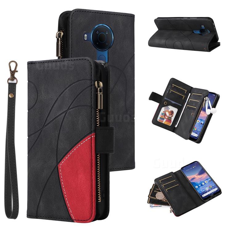 Luxury Two-color Stitching Multi-function Zipper Leather Wallet Case Cover for Nokia 5.4 - Black