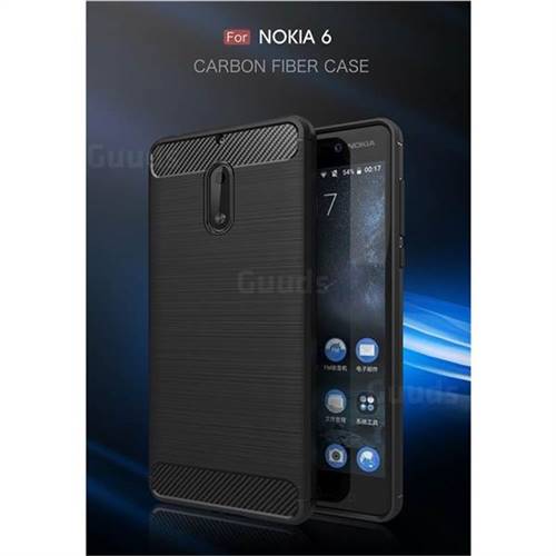 Luxury Carbon Fiber Brushed Wire Drawing Silicone TPU Back Cover for Nokia 6 Nokia6 (Black)