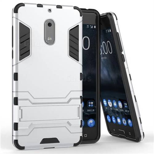 Armor Premium Tactical Grip Kickstand Shockproof Dual Layer Rugged Hard Cover for Nokia 6 Nokia6 - Silver